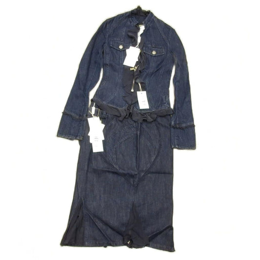 Versace Jeans Couture Denim Set Silk Contrast Indigo Blue Medusa Button Top 38