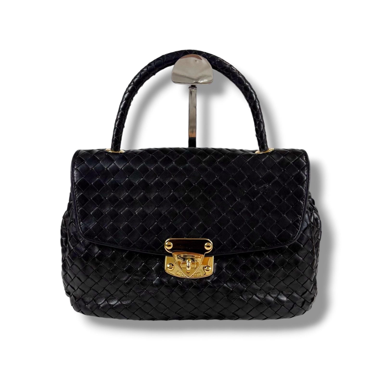 Bottega Veneta Top Handle Bag Handbag Turnlock Black Intrecciato Leather