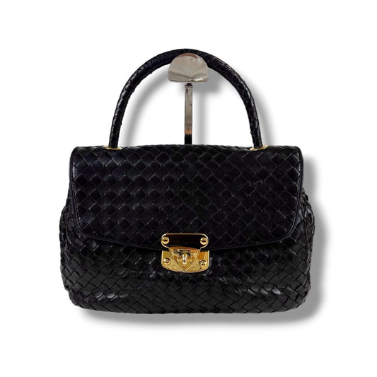 Bottega Veneta Top Handle Bag Handbag Turnlock Black Intrecciato Leather
