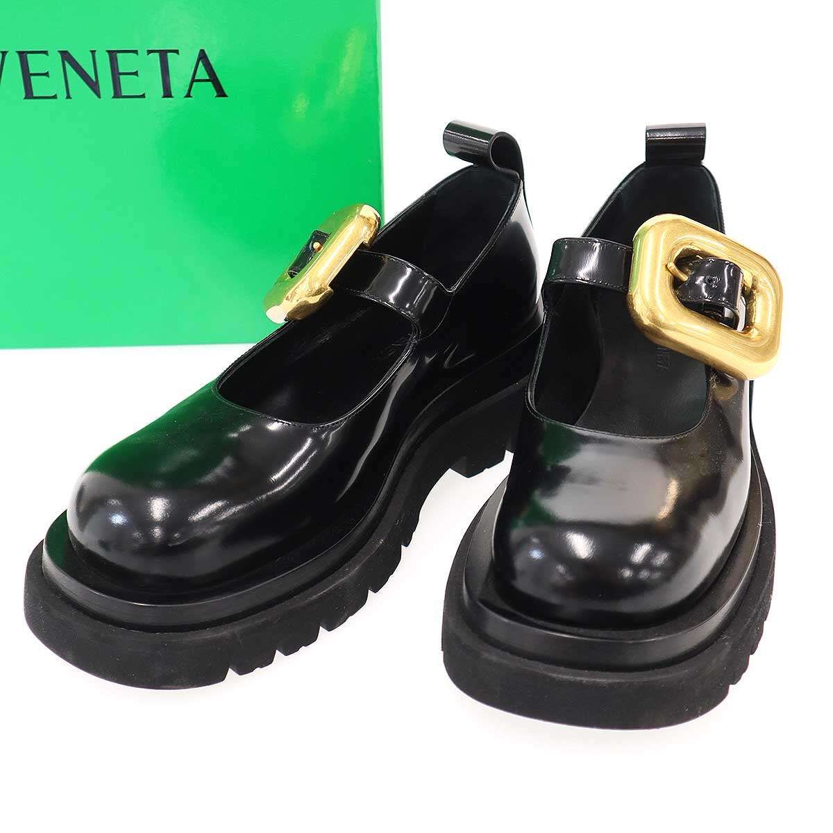 Bottega Veneta Rug Mary Jane Buckle Leather Shoes Black Gold