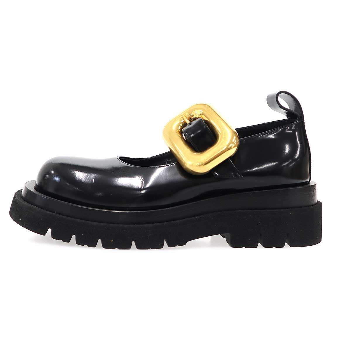 Bottega Veneta Rug Mary Jane Buckle Leather Shoes Black Gold — view 2
