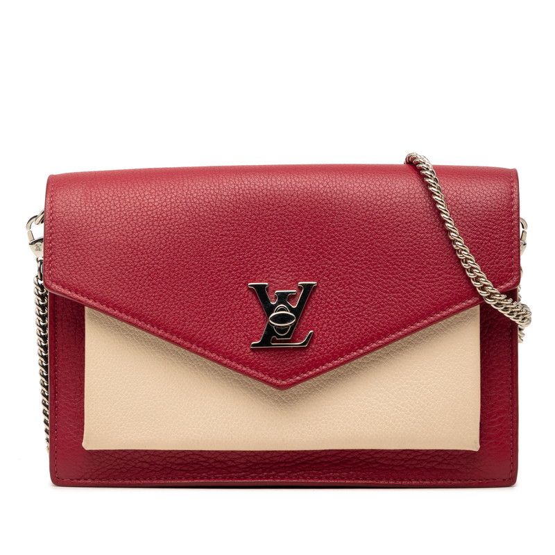 Louis Vuitton Pochette Lockme Chain Slanted Shoulder Bag Wine Red Beige Leather