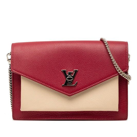 Louis Vuitton Pochette Lockme Chain Slanted Shoulder Bag Wine Red Beige Leather