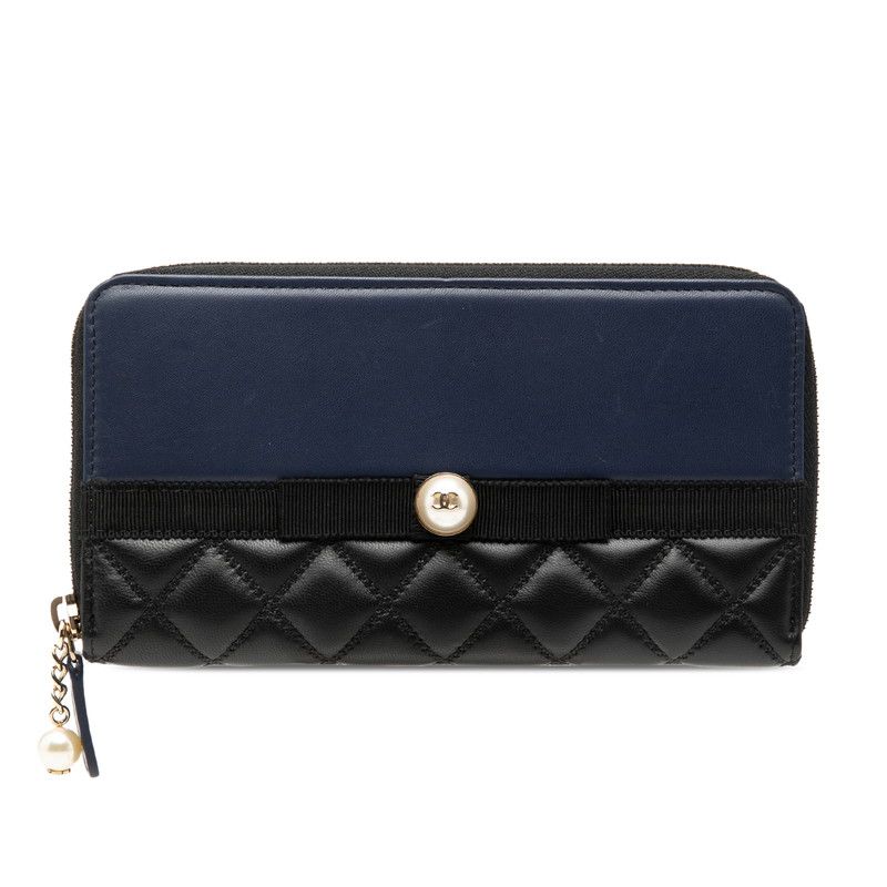 Chanel CC Logo Quilted Zip Around Wallet Black Navy Leather Faux Pearl