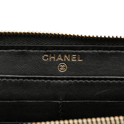 Chanel CC Logo Quilted Zip Around Wallet Black Navy Leather Faux Pearl — view 5