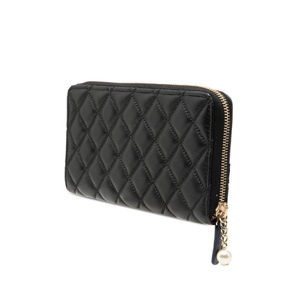 Chanel CC Logo Quilted Zip Around Wallet Black Navy Leather Faux Pearl — view 2