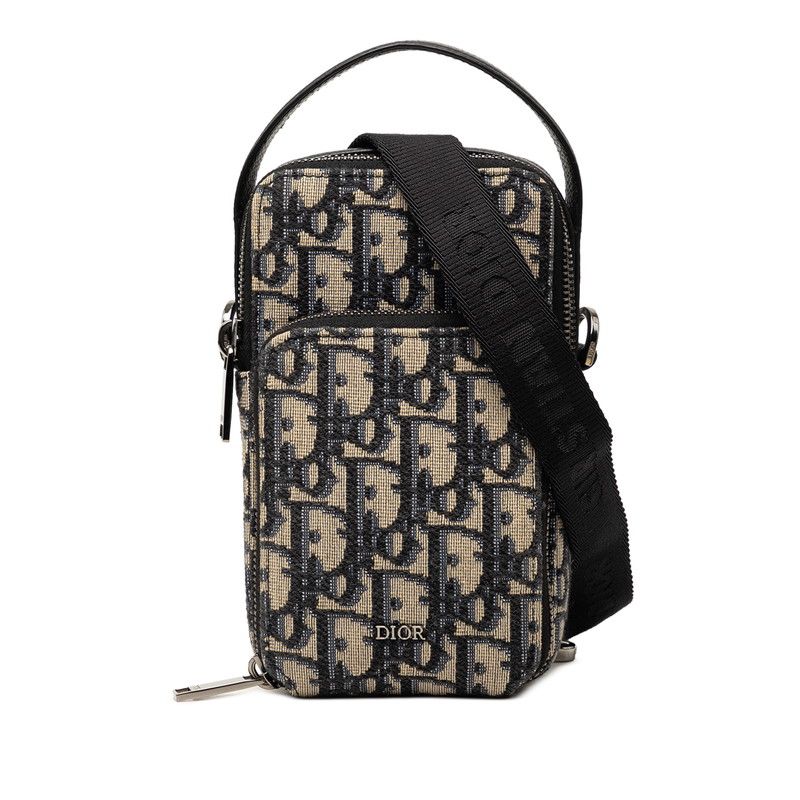 Dior Oblique Crossbody Shoulder Bag Phone Case Beige Gray Canvas Leather