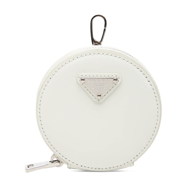 Prada Triangle Logo Coin Case Round Pouch Charm White Patent Leather