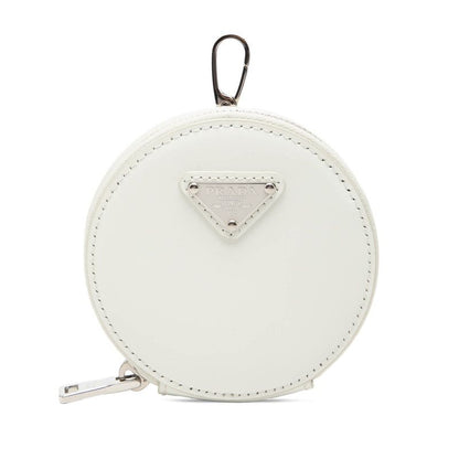 Prada Triangle Logo Coin Case Round Pouch Charm White Patent Leather