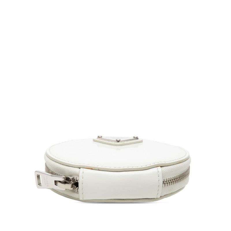 Prada Triangle Logo Coin Case Round Pouch Charm White Patent Leather — view 3