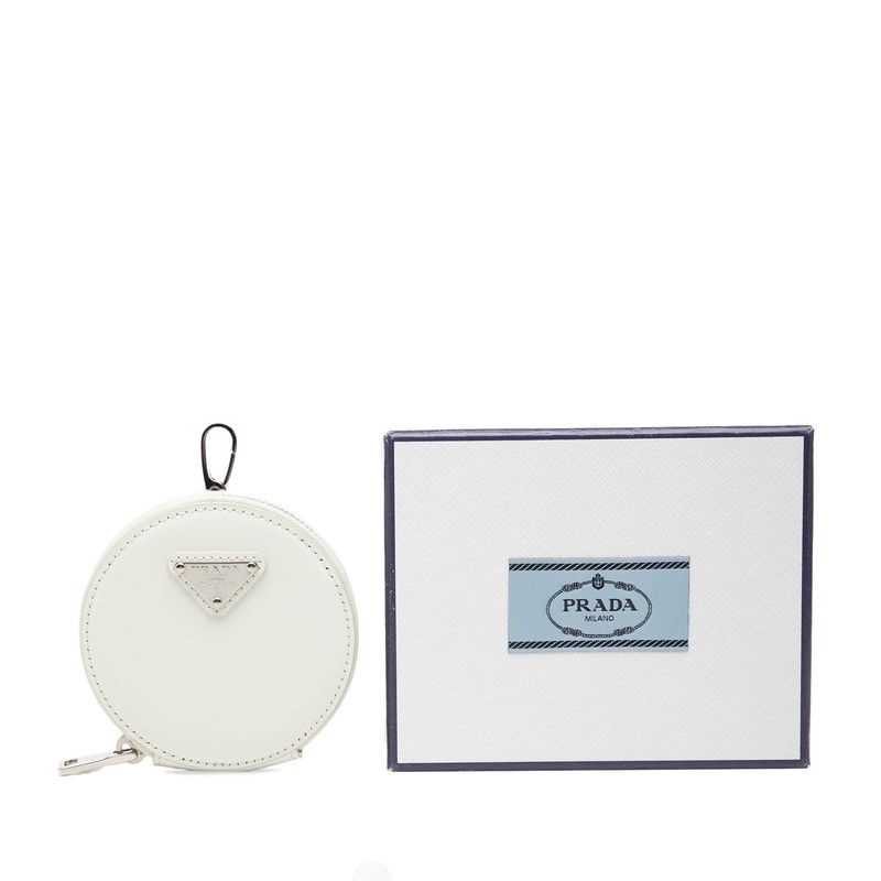 Prada Triangle Logo Coin Case Round Pouch Charm White Patent Leather — view 6