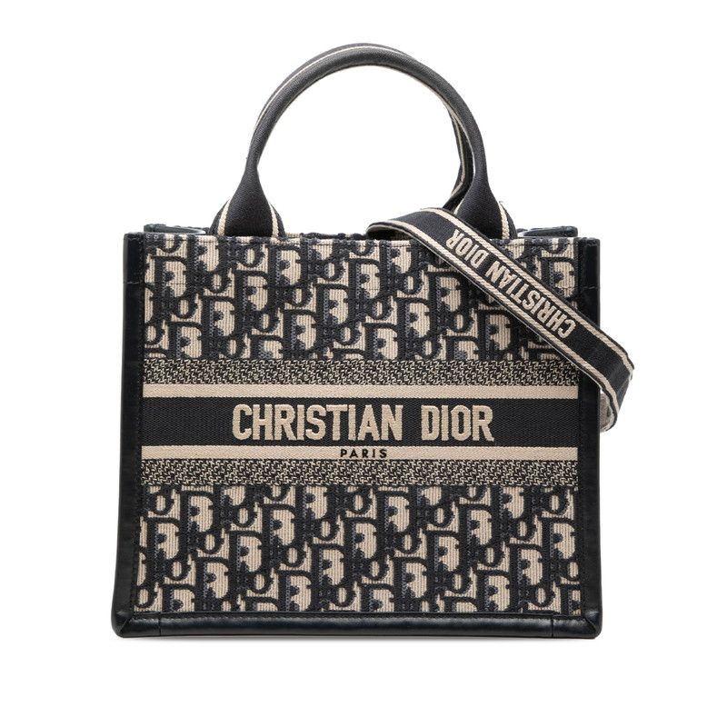 Dior Oblique Book Tote Small 2-Way Shoulder Bag Navy Beige Canvas Leather
