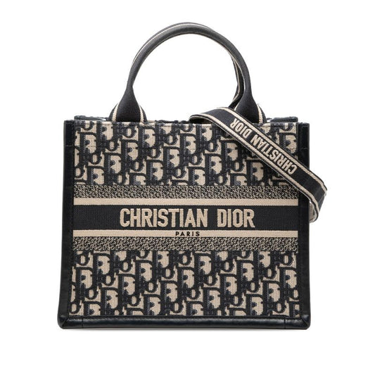 Dior Oblique Book Tote Small 2-Way Shoulder Bag Navy Beige Canvas Leather
