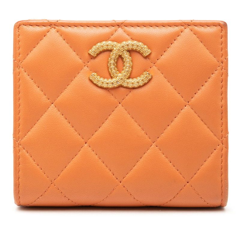 Chanel CC Logo Quilted Bifold Wallet Orange Lambskin