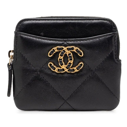 Chanel 19 CC Logo Quilted Zip Coin Purse Card Case Black Lambskin