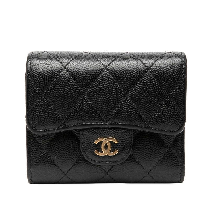Chanel CC Logo Quilted Trifold Wallet Black Caviar Leather