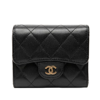 Chanel CC Logo Quilted Trifold Wallet Black Caviar Leather
