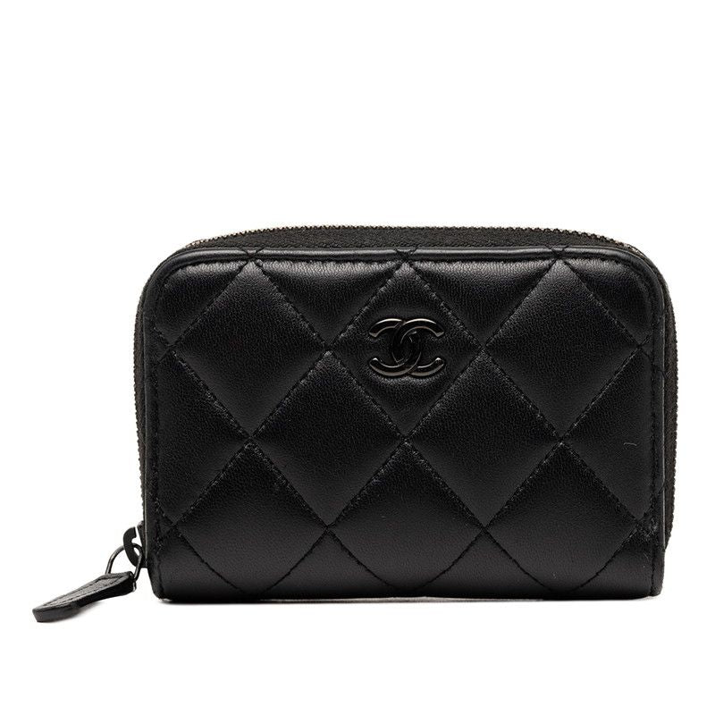 Chanel CC Logo Quilted Card Case Black Lambskin