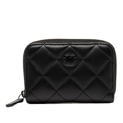 Chanel CC Logo Quilted Card Case Black Lambskin