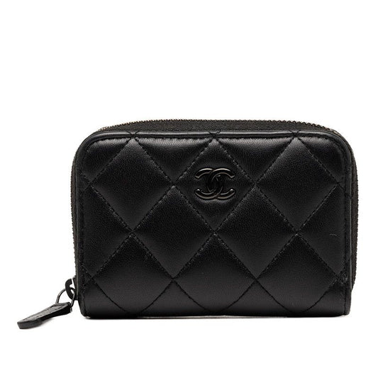 Chanel CC Logo Quilted Card Case Black Lambskin