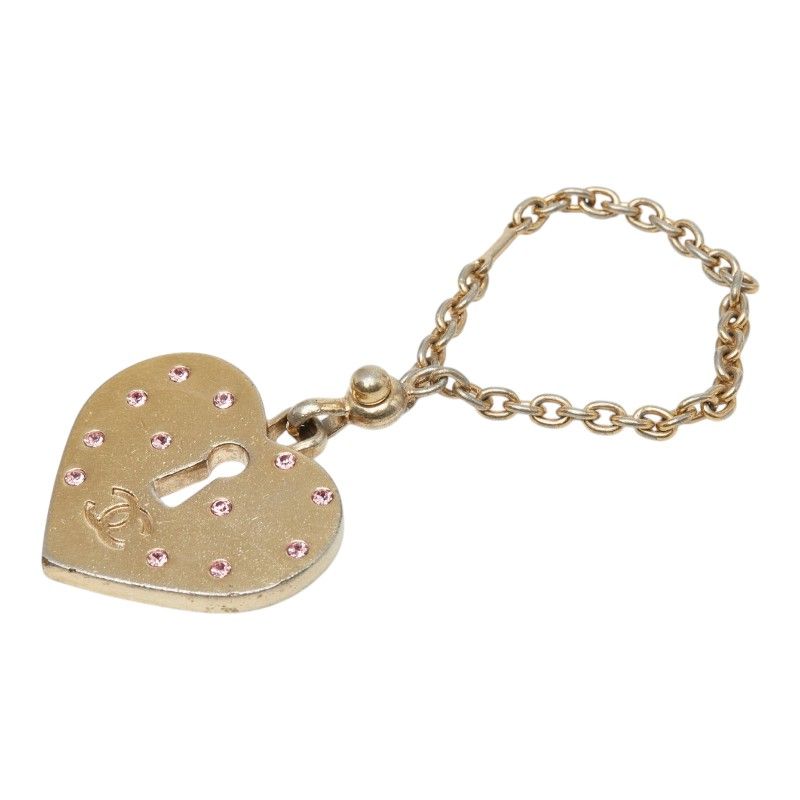 Chanel CC Logo Heart Motif Bag Charm Key Holder Gold Rhinestone Plated