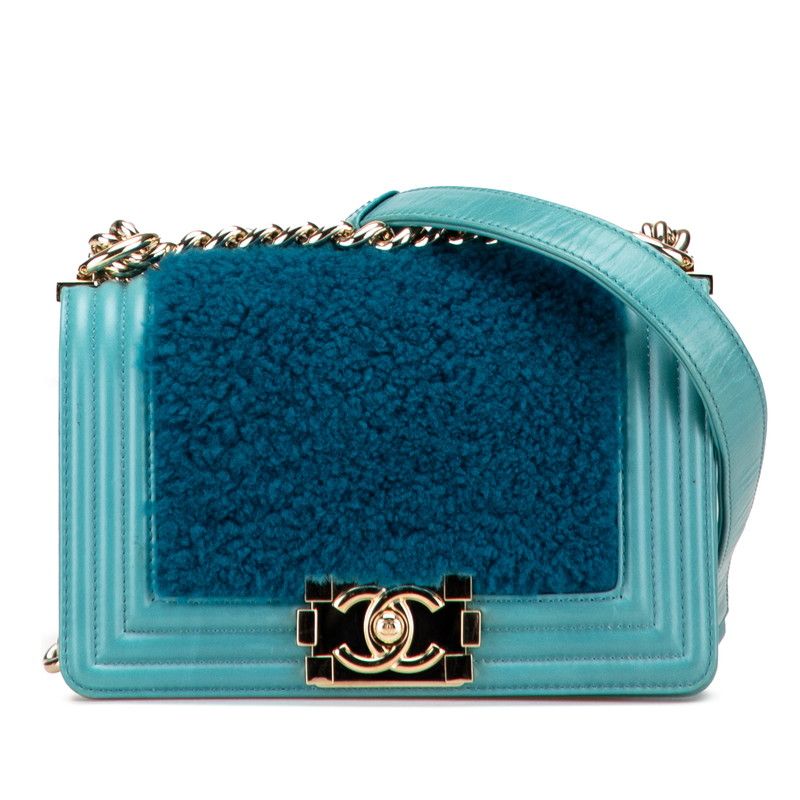 Chanel CC Logo Boy 20 Mini Chain Shoulder Bag Blue Green Shearling Leather
