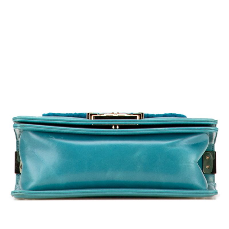 Chanel CC Logo Boy 20 Mini Chain Shoulder Bag Blue Green Shearling Leather — view 3