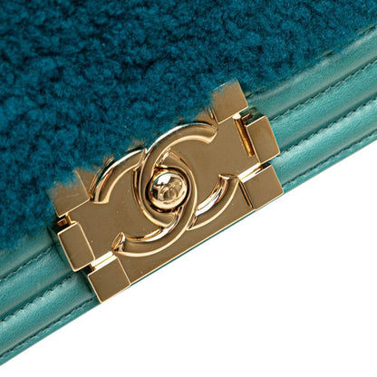 Chanel CC Logo Boy 20 Mini Chain Shoulder Bag Blue Green Shearling Leather — view 4