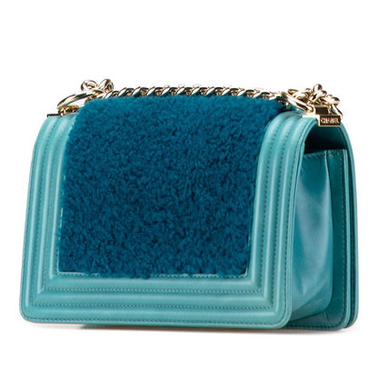 Chanel CC Logo Boy 20 Mini Chain Shoulder Bag Blue Green Shearling Leather — view 2