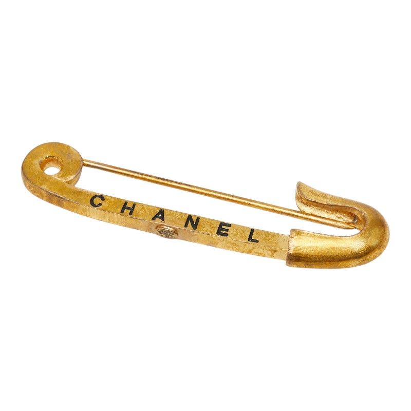 Chanel Safety Pin Logo Brooch 01 Gold Plated