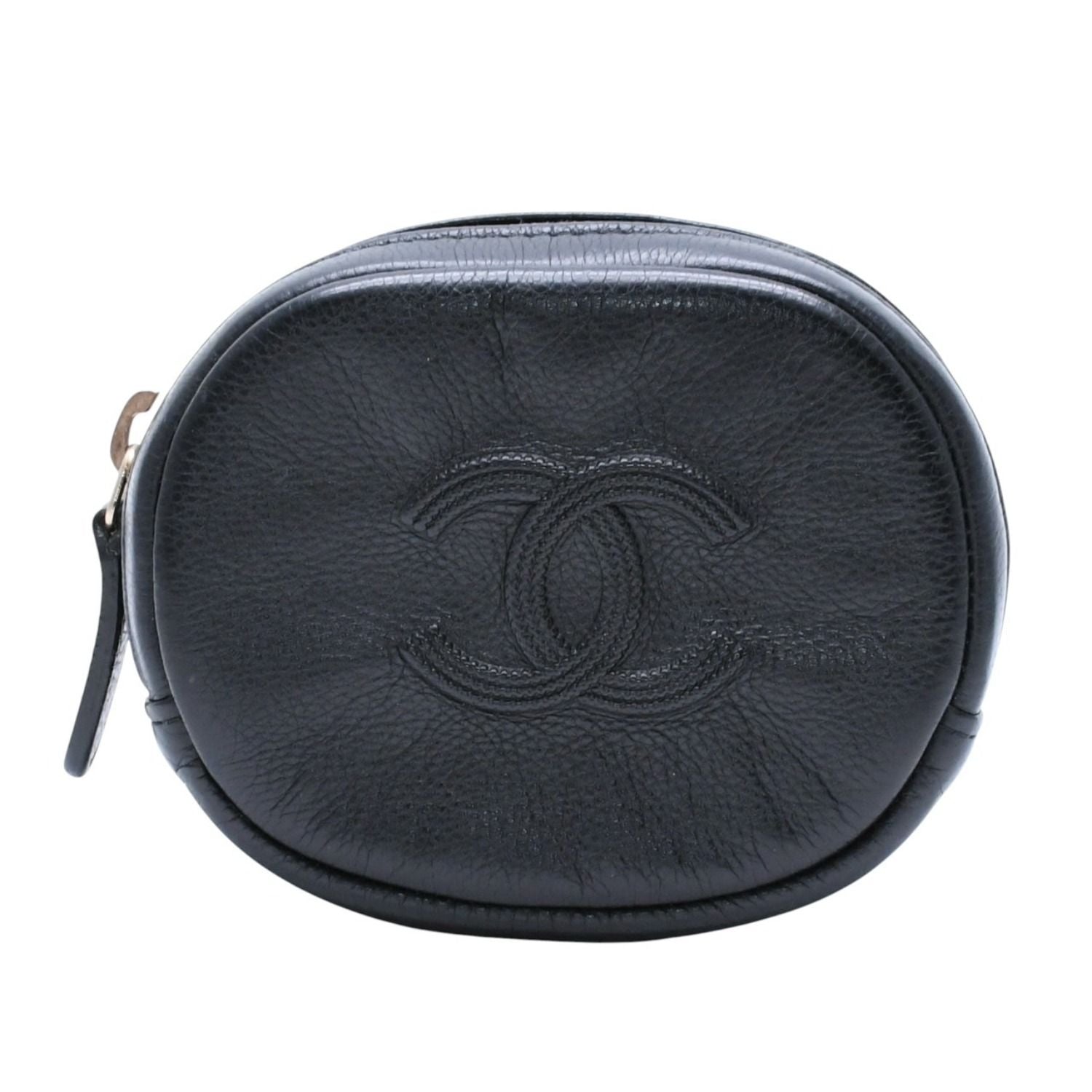 Chanel Coin Purse CC Logo Round Leather Black Gold