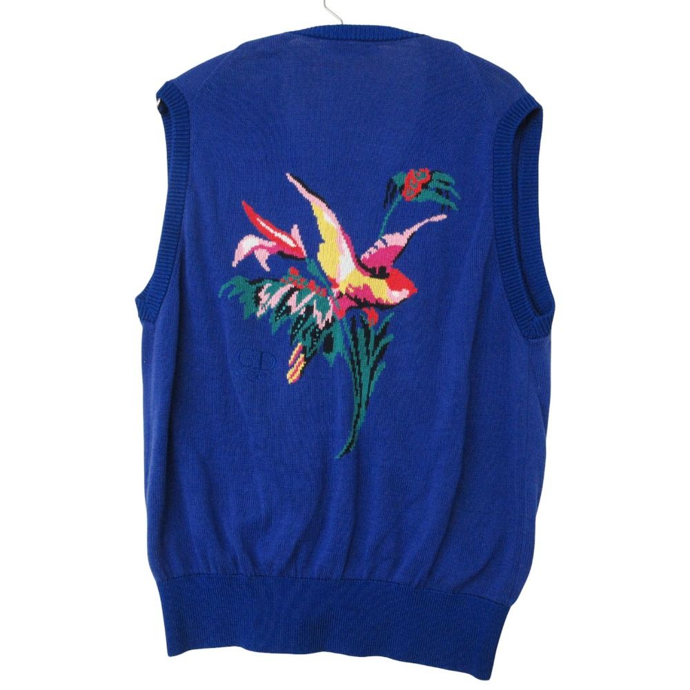 Dior Vest Knit Sweater Flower Embroidery Sleeveless Top Rayon Blue LL