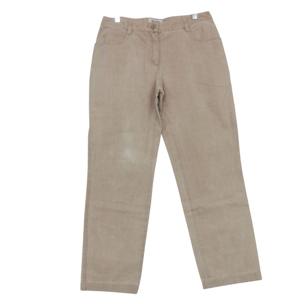Chanel Vintage Back Logo Plate Denim Pants Jeans Straight High Rise Waist Beige