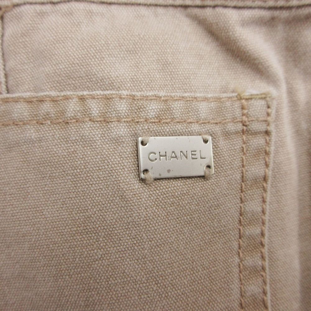 Chanel Vintage Back Logo Plate Denim Pants Jeans Straight High Rise Waist Beige — view 5