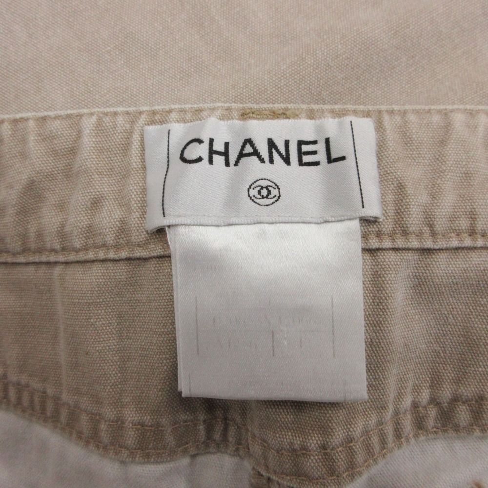 Chanel Vintage Back Logo Plate Denim Pants Jeans Straight High Rise Waist Beige — view 3