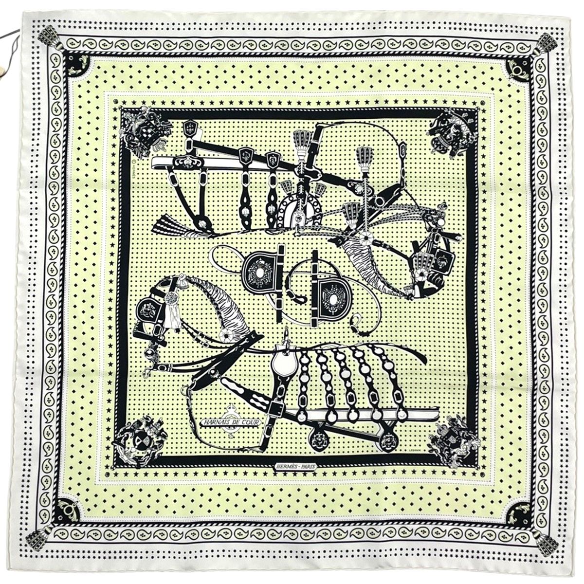 Hermes Carre 55 Harnais de Cour Court Horse Gear Scarf Silk White Yellow Black