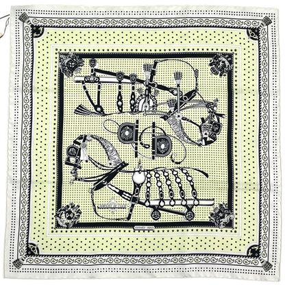 Hermes Carre 55 Harnais de Cour Court Horse Gear Scarf Silk White Yellow Black