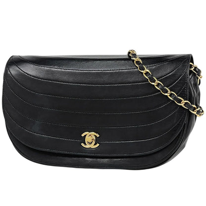 Chanel CC Logo Chain Shoulder Bag Half Moon Leather Black
