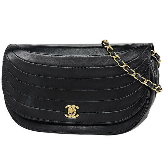Chanel CC Logo Chain Shoulder Bag Half Moon Leather Black