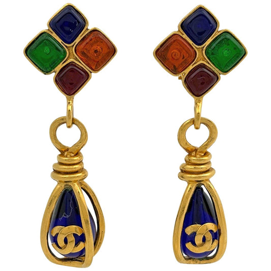 Chanel CC Logo Color Stone Earrings Gripoix Swing Gold Plated Blue Multi