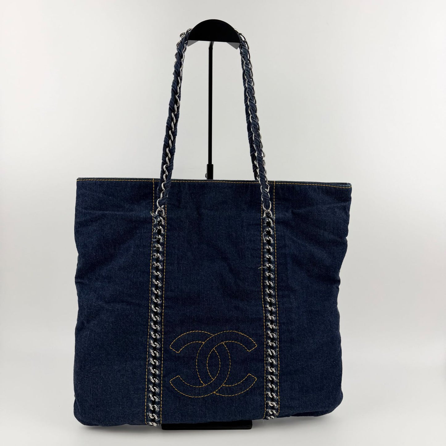 Chanel CC Logo Quilted Tote Shoulder Blue Denim Vintage