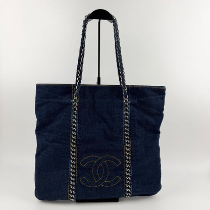 Chanel CC Logo Quilted Tote Shoulder Blue Denim Vintage