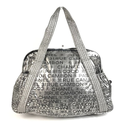 Chanel Boston Bag CC Logo Nylon Canvas Silver