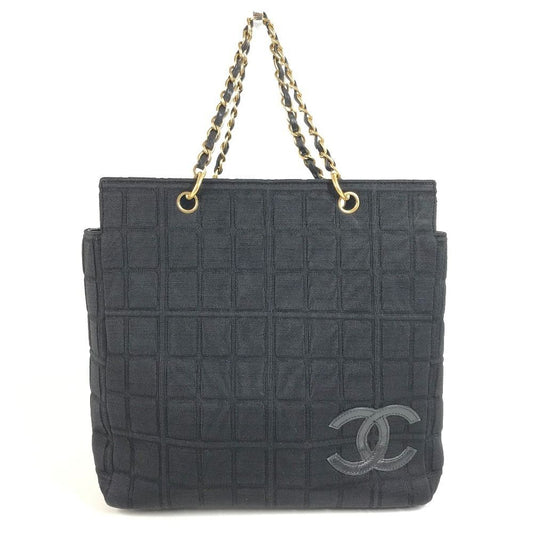 Chanel Shoulder Bag CC Logo Choco Bar Cotton Black