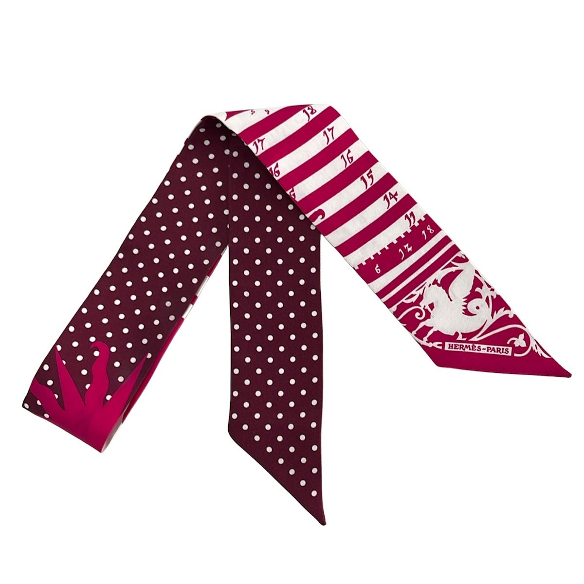 Hermes Scarf Twill Pink White Bordeaux Ribbon Astrologie a Pois