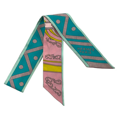 Hermes Scarf Twilly Light Pink Blue Green Multi Ribbon