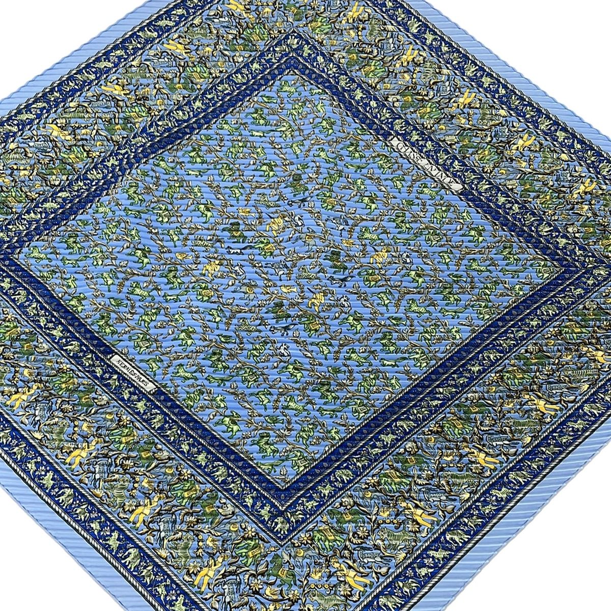 Hermes Scarf Carre Plisse Light Blue Light Green Multi Chasse en Inde