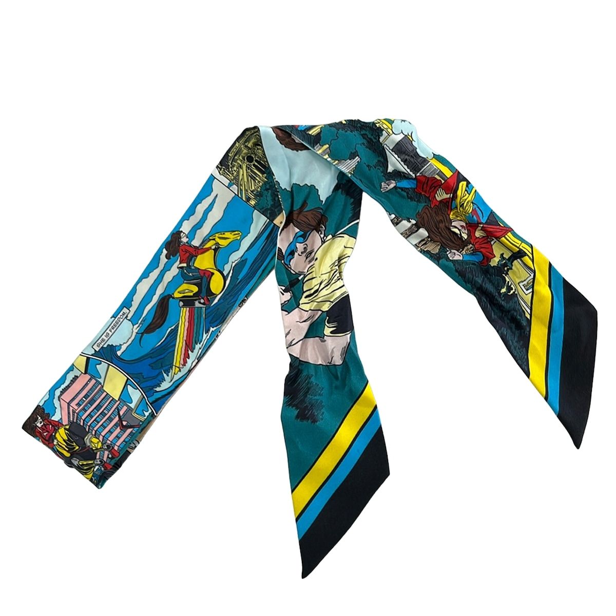 Hermes Scarf Twill Blue Green Multi Ribbon