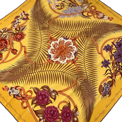 Hermes Scarf Carre 90 Yellow Orange Multi Fleurs de L'opera Floral Pattern