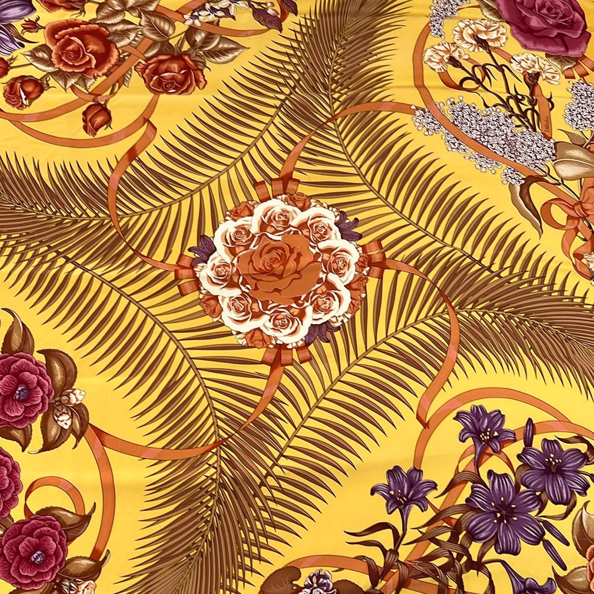 Hermes Scarf Carre 90 Yellow Orange Multi Fleurs de L'opera Floral Pattern — view 4